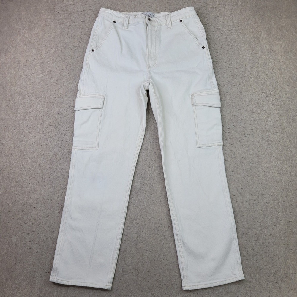Abercrombie & Fitch 90s Straight Ultra High Rise Cream Cargo White Jeans 30